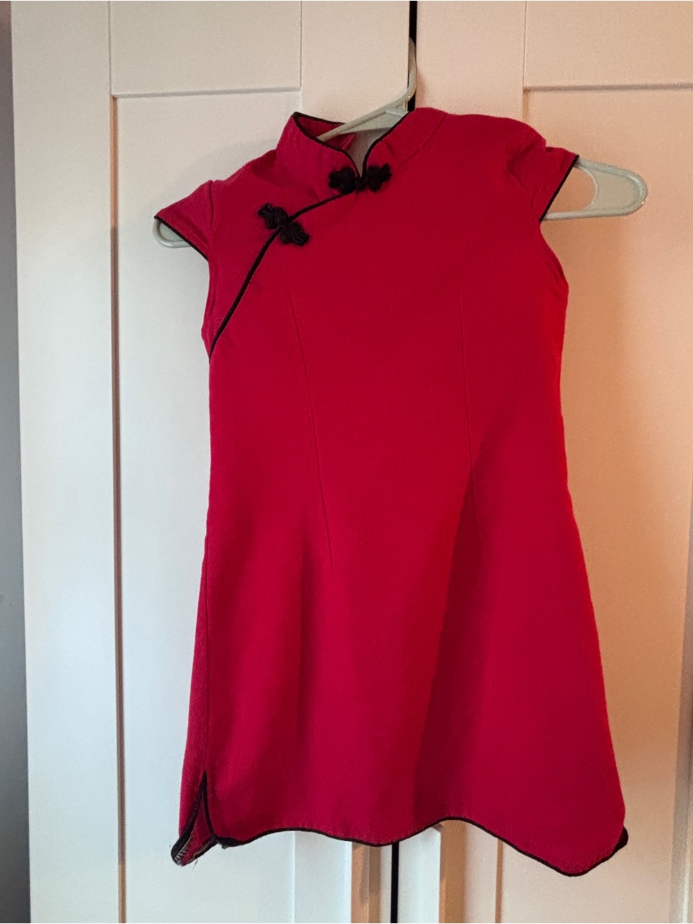 Red Chinese Style Short Dress with Black Trim
